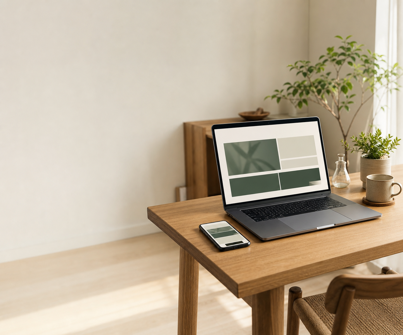 A tidy work desk with a laptop and phone